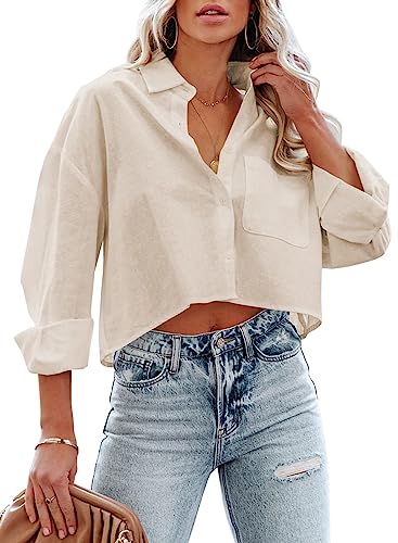 LAYOGAS Womens Crop Button Down Shirts Casual Long Sleeve Lapel Blouse - color: 02a-light Beige, size: Medium