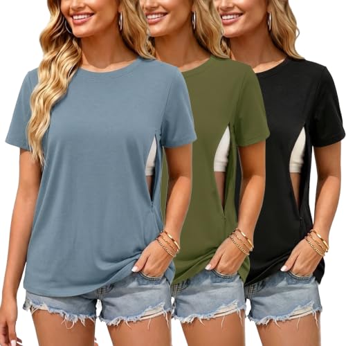 Ecavus 3 Pack Nursing Shirts for Breastfeeding, Hidden Zippers Nursing Tops - color: Heather Blue/Heather Green/Black, size: X-Large
