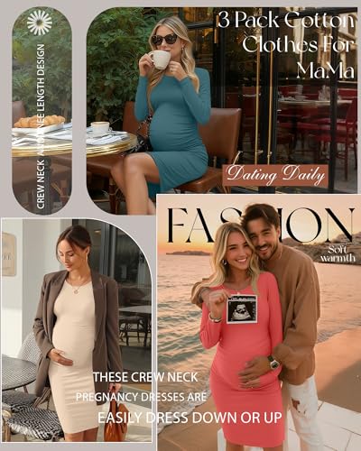 Riyiper 3 Pack Women's Long Sleeve Maternity Dresse - color: Dark Blue Green, Apricot, Orange Red, size: Medium