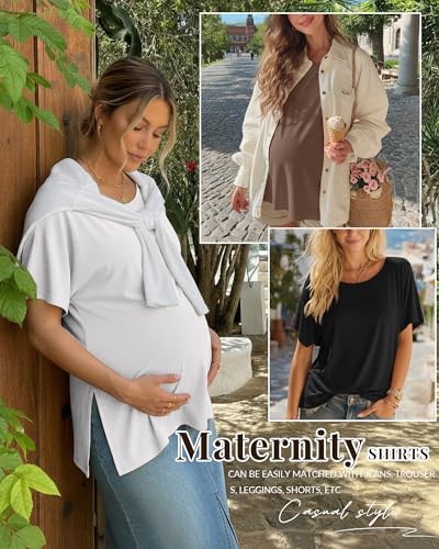 Riyiper 3 Pack Women's Maternity Tunic Cotton Shirts - color: Brown, White, Black, size: Medium