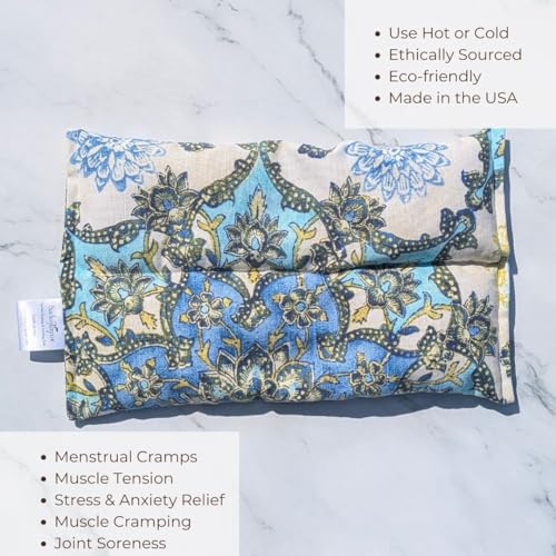 SacksyThyme Microwave Heating Pad for Pain Relief, Flaxseed & Cherry Pit Herbal Heating Pad, Hot Cold Therapy - color: Blue Medallion