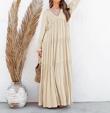 R.Vivimos Long Sleeve V Neck Flowy Maxi Dresses for Women - color: Beige, size: X-Large
