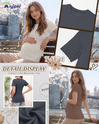 Riyiper 4 Pack Maternity Ribbed Knit Shirts for - color: Charcoal Gray, Cream, Brown, Black, size: X-Large