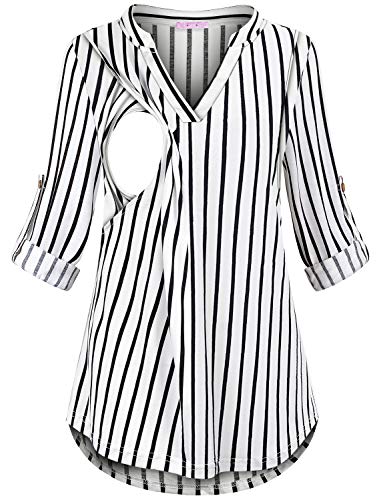 Joymom Maternity Rolled Long Sleeve Nursing Tops Tunic Blouses Breastfeeding - color: 2-1 Stripe, size: Large