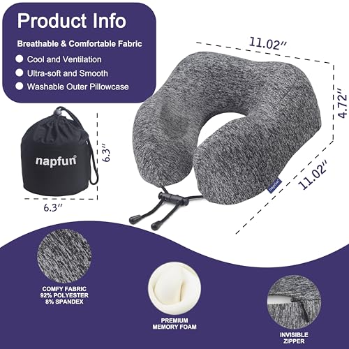 napfun Neck Pillow for Travel, Memory Foam Airplane Pillow, Full Grey - color: Gray