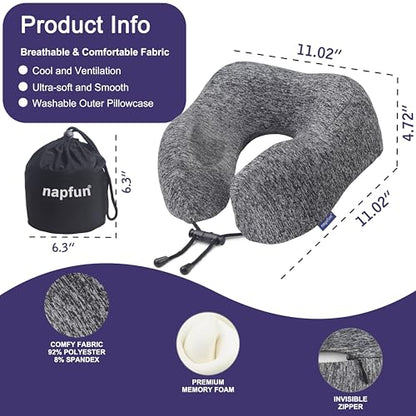 napfun Neck Pillow for Travel, Memory Foam Airplane Pillow, Full Grey - color: Gray