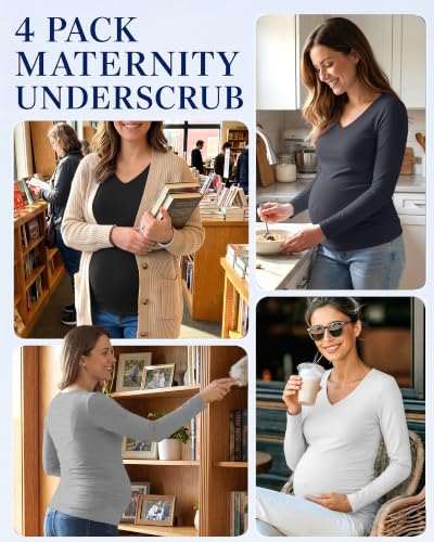 Neer 4 Pack Maternity Long Sleeve V Neck Under Scrub Tops - color: Black, White, Dark Gray, Light Heather Gray, size: XX-Large