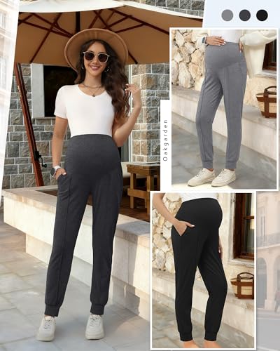 Oakgarden 3 Pack Women's Maternity Pants Over the Belly Joggers - color: Black, Dark Mixed Gray, Light Mixed Gray, size: Small