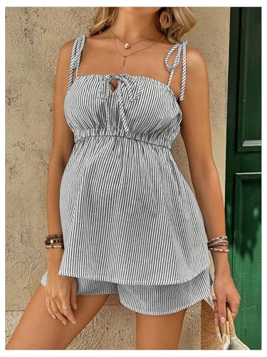 MakeMeChic Women's Maternity 2 Piece Summer Striped Sets - color: Black and White, size: Medium