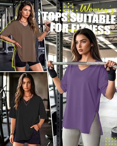 4 Pack Women's Oversized V Neck Shirts - color: Black, Brown, Purple, Blue Green, size: XX-Large
