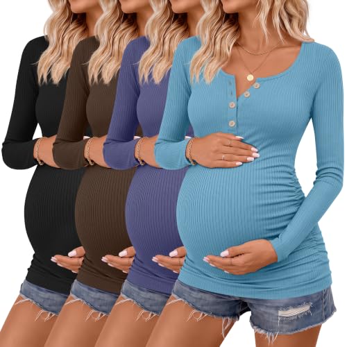 4 Pack Maternity Long Sleeve Shirts Pregnancy Tops - color: Black, Coffee, Dark Blue, Teal, size: Medium
