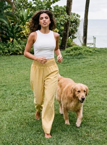 Dokotoo Women's Fall Gingham Wide Leg Casual Pants 2026 - color: Yellow, size: Medium