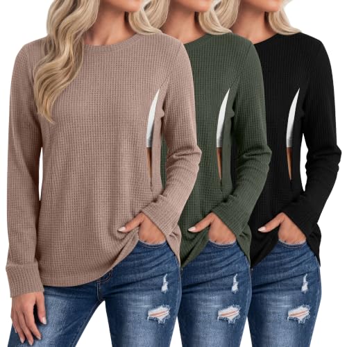 Neer 3 Pack Women's Nursing Hidden Zipper Long Sleeve Shirts - color: Coffee, Army Green, Black, size: Medium
