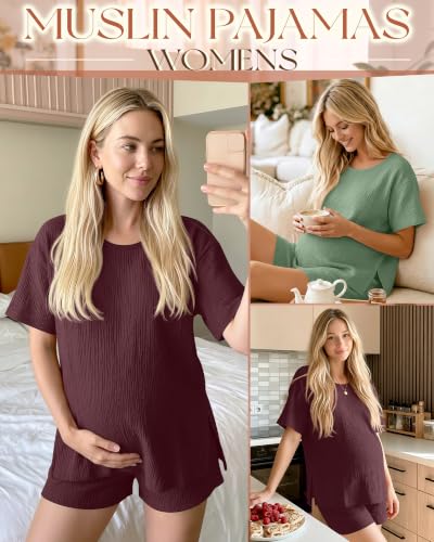 Riyiper 4 Pcs 100% Cotton Maternity Pajamas Sets - color: Green, Wine Red, size: Medium