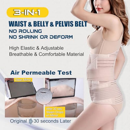 ChongErfei 3 in 1 Postpartum Belly Wrap Recovery Band Belt Abdominal Binder - color: Beige, size: X-Large