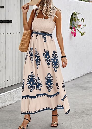 PRETTYGARDEN Women's Sleveless Boho Maxi Dress - color: Floral Apricot Navy, size: Small