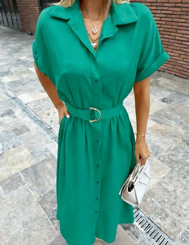 ZESICA Women's Summer Button Down Short Sleeve Midi Dress - color: Green, size: Small