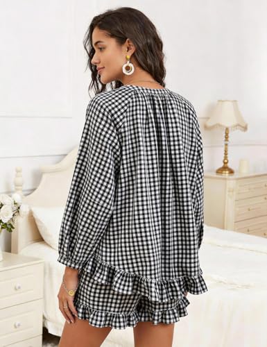 Flygo Womens Gingham 2 Piece Pajama Sets Y2K Cotton Ruffle Short Sets - color: Black, size: Small