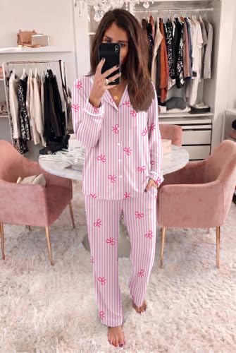 Ekouaer Womens Pajama Sets Long Sleeve Button Down 2 Piece Soft Pjs - color: Striped Bow-pink, size: Large