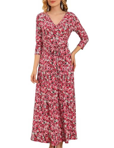 Aphratti Womens 3/4 Sleeve V Neck Faux Wrap Maxi Dress Summer Casual Beach - color: Floral Pink, size: Medium