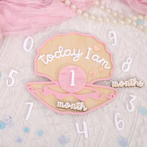 Wooden Mermaid Monthly Milestone Cards - Seashell Newborn Baby 1-12 Months Milestone Set, Baby's First Year Set, Mermaid Nursery Decor (Pink Seashell Monthly Card) - color: pink seashell monthly card