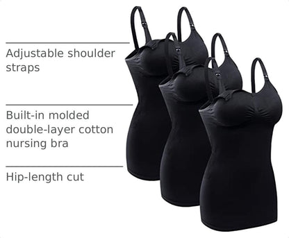 Womens Nursing Tank Tops Built in Bra for Breastfeeding Maternity Camisole Brasieres - color: Black*3, size: Medium