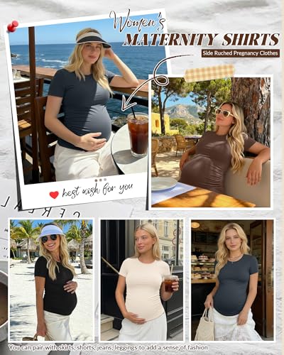 Huukeay 4 Pack Women's Short Sleeve Maternity Tops - color: Black, Dark Gray, Cream, Coffee, size: Small