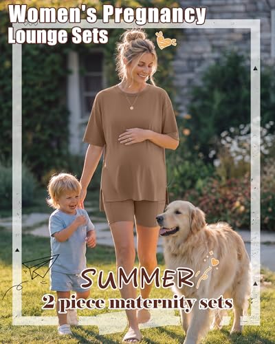 Huukeay 2 Pack Women Maternity Set Pregnancy Outfits - color: Sky Blue, Light Brown, size: Medium