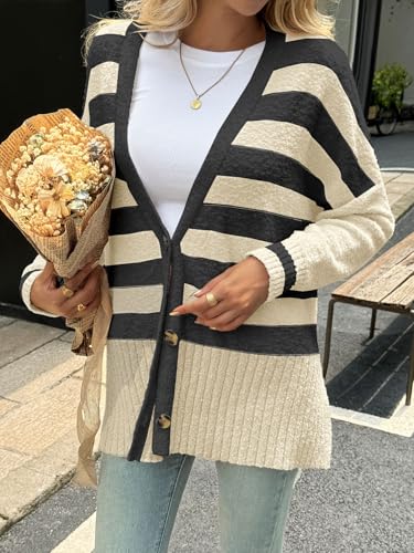 Saodimallsu Womens Oversized Striped Cardigan Fuzzy Knit Fall Sweaters - color: Beige, size: Medium