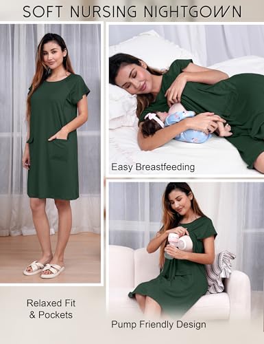 SUNNYBUY 2 PCS Maternity Labor & Delivery Gown with Matching Nursing Dress - color: Dark Green, size: Medium