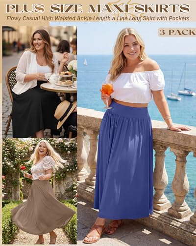 3 Pack Women's Plus Size Maxi Skirts - color: Black, Coffee, Haze Blue, size: XX-Large