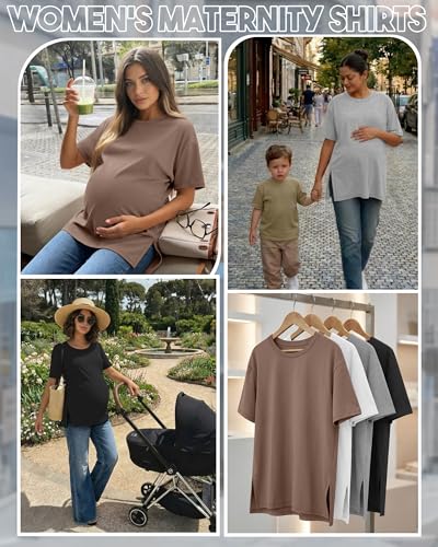 Riyiper 4 Pack Women's Short Sleeve Maternity T Shirts - color: Black, Light Heather Gray, White, Coffee, size: Medium