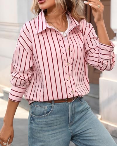 CHYRII Women's Striped Button Down Long Sleeve Blouse - color: Red-7185, size: XX-Large