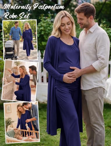 Women 3PCS Maternity Robe Sets Nursing Pajamas Postpartum Breastfeeding Pjs - color: Navy Blue, size: Small