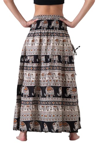 Long Skirts Tiered Maxi Boho Skirt - color: Hippie Elephant Black, size: Large-X-Large