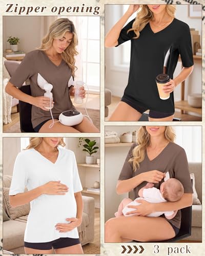 Neer 3 Pack Women's Nursing Shirts Breastfeeding Tops - color: Brown, White, Black, size: Small