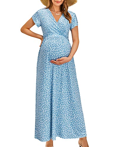 OUGES Women's Wrap V Neck Summer Maternity Photoshoot Dress with Pockets - color: Light Blue Floral, size: Medium