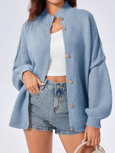 Saodimallsu Womens Oversized Cardigans Long Lantern Sleeve Button Down Chunky Knit Loose Fall Sweater Coats - color: Blue, size: X-Large