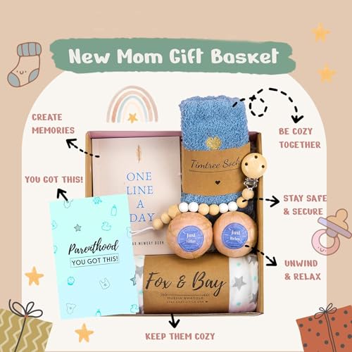 Expecting Mom Gift Basket – One Line a Day 4-Year Memory Journal, Premium Bath Bombs, Cozy Socks & More – Complete Unique Gift for Mothers