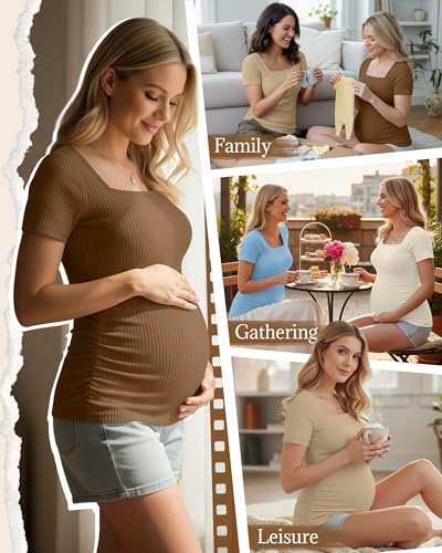 Huukeay 4 Pack Women's Short Sleeve Maternity Shirts - color: Light Khaki, Dark Khaki, Cream, Light Blue, size: Medium