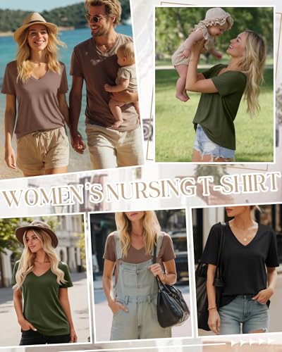 3 Pack Women's Nursing Tops Breastfeeding Shirts - color: Black, Mocha, Army Green, size: Medium