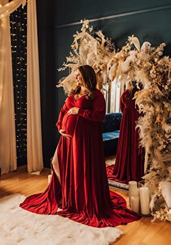 Long Sleeve Maternity Dress for Photoshoot Plus Size - color: Burgudy, size: Medium