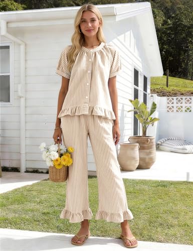 Flygo Womens Striped Pajama Sets Cotton 2 Piece Ruffle Lounge Pjs - color: Khaki, size: Large