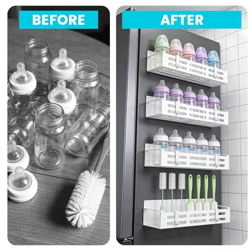 4 Pack Magnetic Baby Bottle Organizer for Refrigerator, Bottle Organizer Rack with 8 Hooks, Storage for Baby Bottles, Pacifiers, and Brushes, Also Suitable Stanley Cup Storage