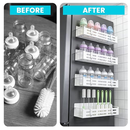 4 Pack Magnetic Baby Bottle Organizer for Refrigerator, Bottle Organizer Rack with 8 Hooks, Storage for Baby Bottles, Pacifiers, and Brushes, Also Suitable Stanley Cup Storage