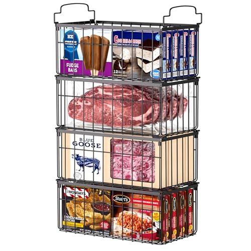 Freezer Organizer Bins, 4 Pack Big Baskets for 5/ 7 Cu.FT Deep Freezer - color: black 4 pack