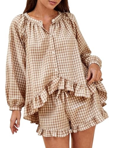 COZYPOIN Womens Gingham Pajama Set 2 Piece 100% Cotton Ruffle Lounge Set - color: Brown, size: Medium