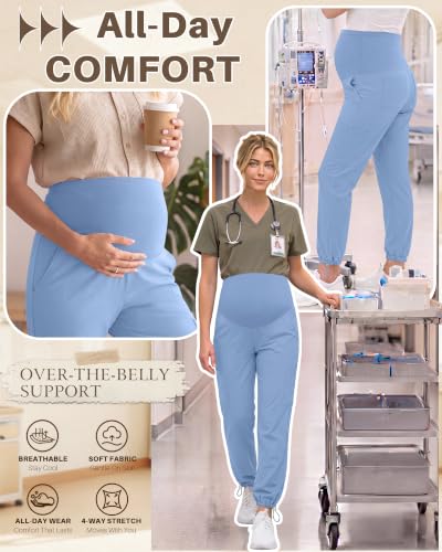Locoowai 3 Pack Women's Maternity Jogger Scrub Pants with Pocket - color: Light Blue, Light Blue, Light Blue, size: Medium