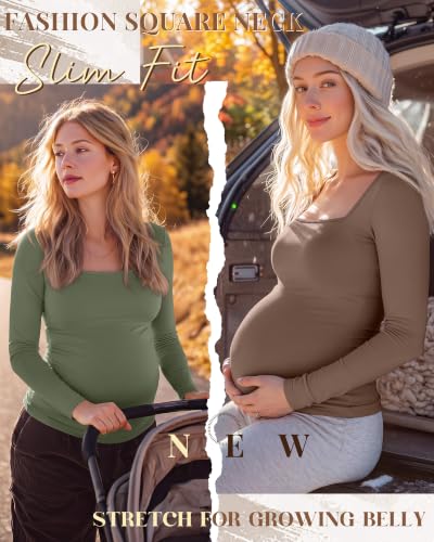 4 Pcs Womens Maternity Long Sleeve Square Neck Shirts - color: Army Green, Coffee, White, Black, size: Large