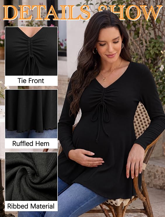 Genhoo Womens Long Sleeve Maternity Tops Ribbed V Neck Maternity Shirts - color: Black, size: Medium